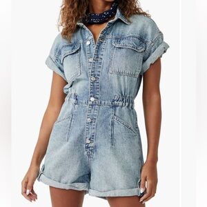 Free People Marci Denim Point Collar Short Cuffed Sleeve Romper L NWT